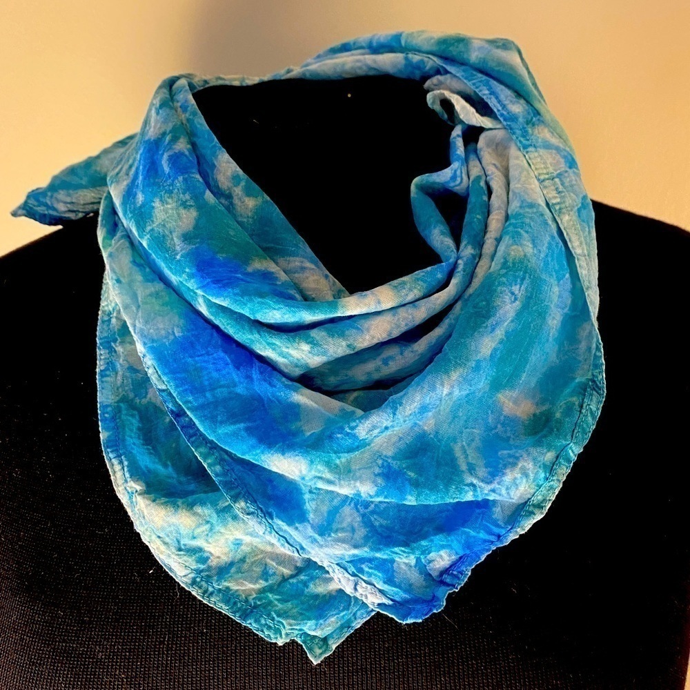 Organic cotton scarf, one of a kind art to wear tie dye square, blue and green